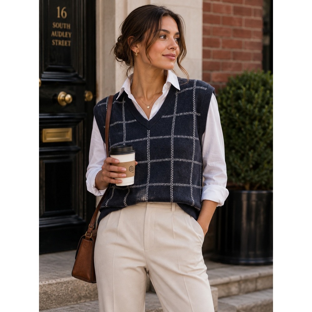 Sweater Vest Windowpane Women L Gray Blue NWT Dark Academia Minimalist Preppy